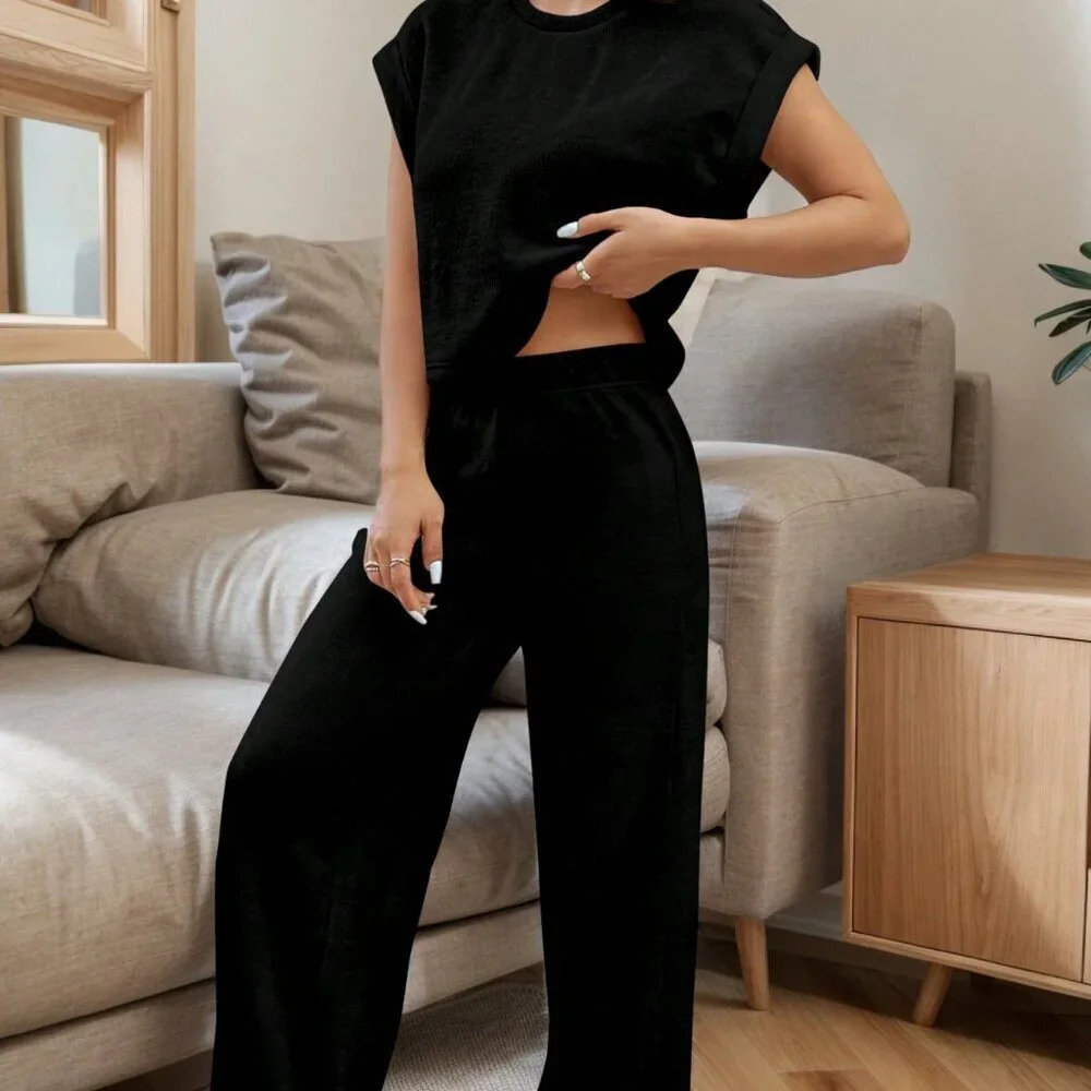 Black Casual Women's Spring/Summer Knit Loose Fit Leisure Suit